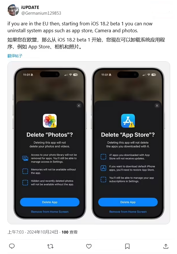 中沙苹果手机维修分享iOS 18.2 支持删除 App Store 应用商店 