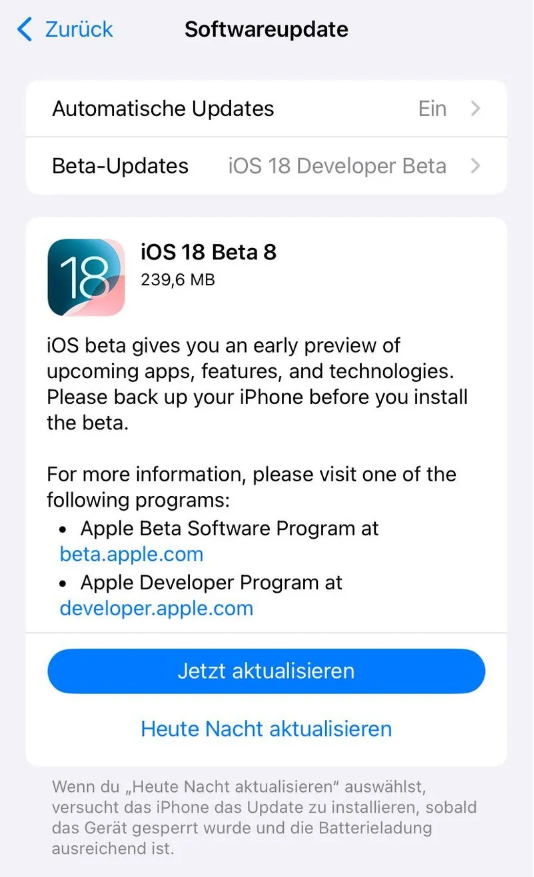 中沙苹果手机维修分享苹果 iOS / iPadOS 18 开发者预览版 Beta 8 发布 